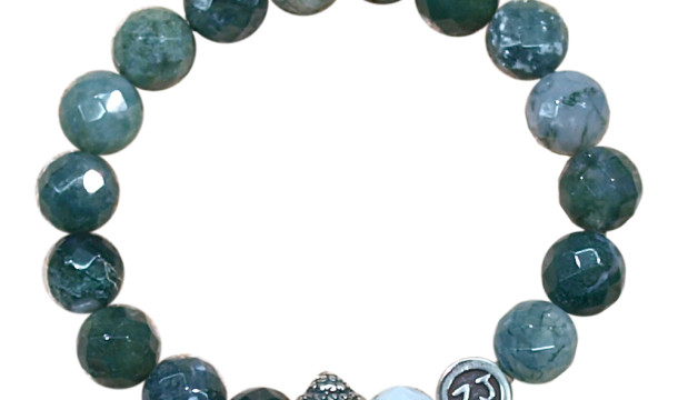 Moss agate bracelet adorned with a sterling silver Buddha charm by zen jewelz