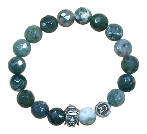 Moss agate bracelet adorned with a sterling silver Buddha charm by zen jewelz