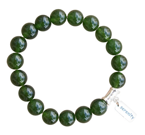 Dark Green Jade gemstone bracelet adorned with a sterling silver serenity charm by zen jewelz - jade bracelet meaning