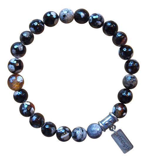 Black Agate healing crystal bracelet adorned with a sterling silver strength charm by zen jewelz - agate healing properties