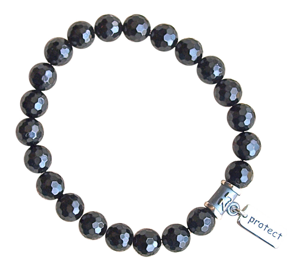 Faceted Onyx bracelet adorned with a sterling silver protect charm by zen jewelz