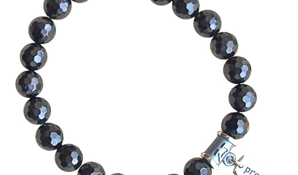 Faceted Onyx bracelet adorned with a sterling silver protect charm by zen jewelz