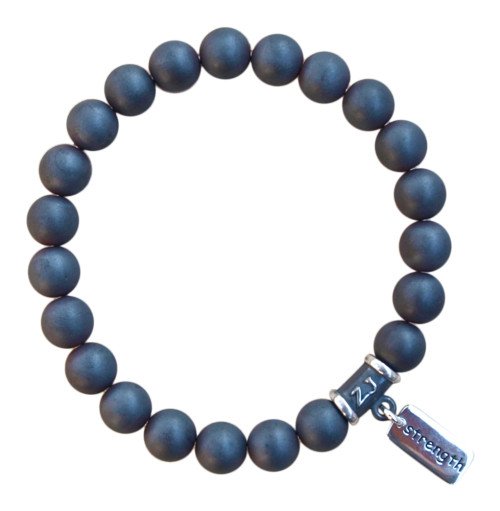 Hematite matte finish gemstone bracelet adorned with a sterling silver strength charm by zen jewelz - hematite jewelry