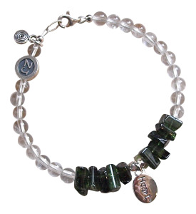 Green Tourmaline and clear Quartz Chakra Stones bracelet adorned with a sterling silver heart charm - chakra stones