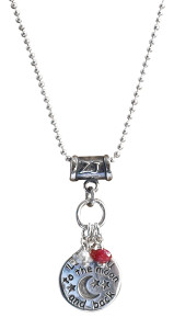 Sterling silver necklace with a i love you to the moon and back pendant adorned with a ruby and pearl - crystals for love