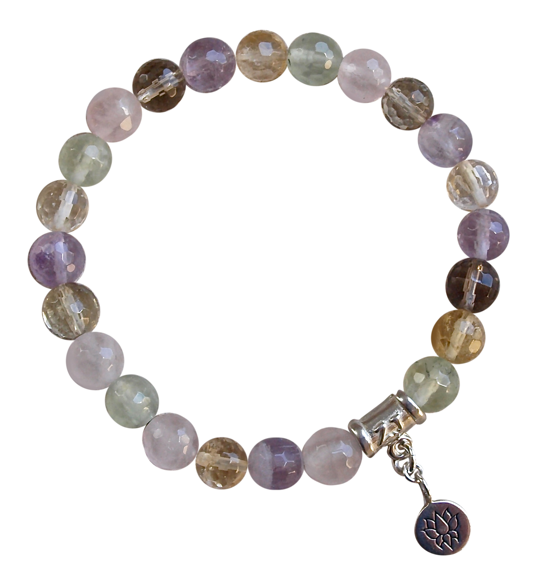Assorted semi precious gemstone bracelet adorned with a sterling silver lotus charm - spiritual crystals