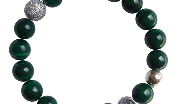 Malachite Bracelet adorned with a silver fireball bead and sterling silver ball