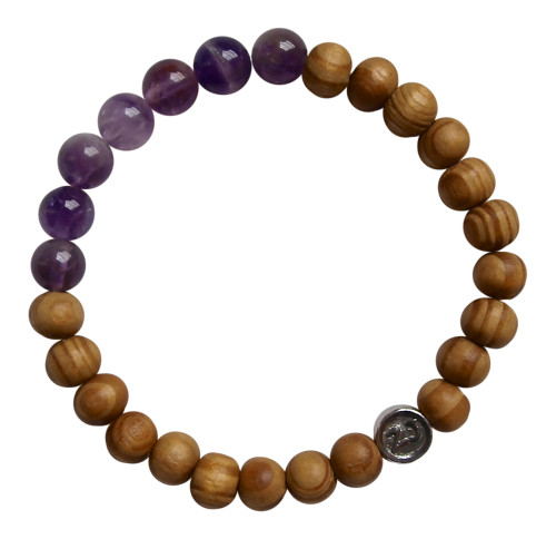 Yoga Bracelet made with Amethyst gemstones surrounded by wood beads