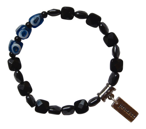 Evil eye bracelet made with three Turkish glass eye beads surrounded by square faceted onyx gemstones